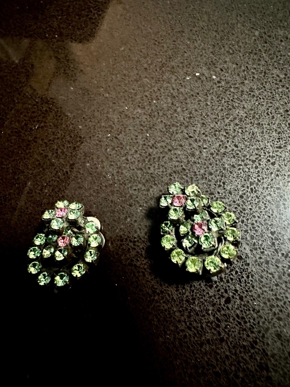 Vintage Green and Pink Rhinestone Clip Earrings